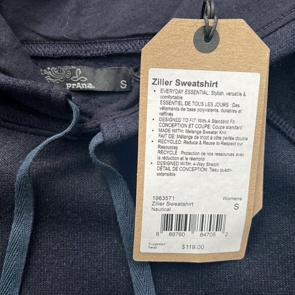 prAna Ziller Hoodie Sweatshirt Sz Small Nautical Navy Wool Blend Winter Gorpcore - Picture 4 of 12